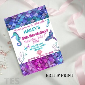 Editable Mermaid Invitation, Mermaid Birthday, Mermaid Party, Girl Birthday Party, Under the sea, Mermaid Themed Birthday, Digital Downloads