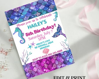 Editable Mermaid Invitation, Mermaid Birthday, Mermaid Party, Girl Birthday Party, Under the sea, Mermaid Themed Birthday, Digital Downloads