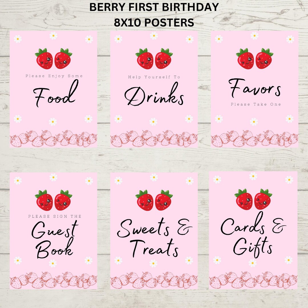 Berry First Birthday Party Signs, Set of 6 Berry Posters, Strawberry ...
