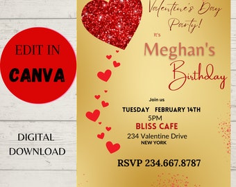 May include: A digital download invitation with a gold background. A large red glitter heart is at the top, with smaller hearts trailing down. Text includes "Valentine's Day Party!" and "Meghan's Birthday". Details include date, time, and location.