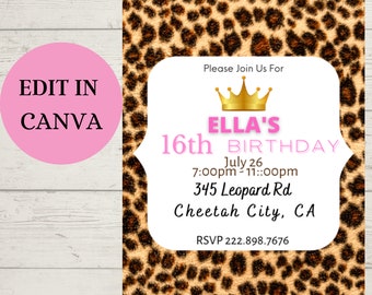 Editable Cheetah Invitation, Leopard Print Invitation, Cheetah Birthday, Leopard Party, Cheetah Theme, Cheetah Party, Digital Download