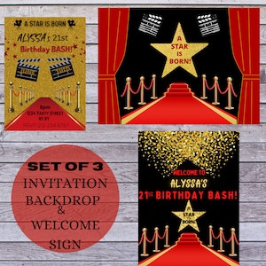 Red Carpet Party Bundle, Red Carpet Birthday, Set of 3 Package, Editable Template, Birthday, Red Carpet Invitation, Red Carpet Backdrop