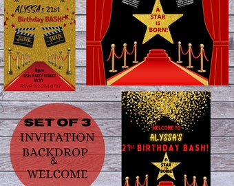 Red Carpet Party Bundle, Red Carpet Birthday, Set of 3 Package, Editable Template, Birthday, Red Carpet Invitation, Red Carpet Backdrop