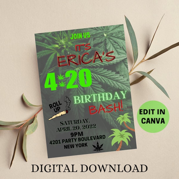 420 Birthday Party, Cannabis Birthday, Weed Birthday, Cannabis Theme. Stoner Party, Weed Party, 420 Friendly, Weed Invitation, Marijuana