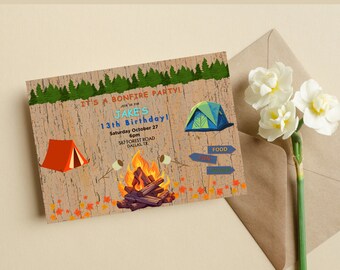 Camp Birthday Invitation, Bonfire Birthday Party, Bonfire Theme, Editable Camp Invitation, Campfire Birthday Party, Bonfire Birthday