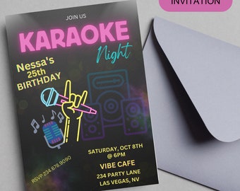Könnte beinhalten: Eine schwarze und neongrüne Karaoke-Einladung zum 25. Geburtstag von Nessa. Die Einladung zeigt ein Mikrofon, Lautsprecher und Noten. Die Party findet am Samstag, den 8. Oktober um 18 Uhr im Vibe Cafe statt. RSVP an 234.678.9090.