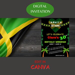 May include: Digital invitation with a Jamaican theme. The design features the Jamaican flag, a heart-shaped graphic with "Jamaica Getaway," and text that reads "Let's Celebrate Ciara's 30th Birthday Weekend!!" with dates and RSVP information. The invitation is editable in Canva.