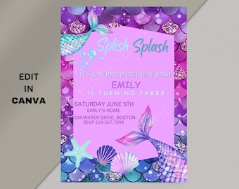 Può includere: Un invito di compleanno di sirena stampabile con uno sfondo rosa e una coda di sirena con squame viola e blu. Il testo recita "Splish Splash È una festa di compleanno di sirena! Emily compie tre anni. Sabato 5 giugno Casa di Emily 234 Water Drive, Boston RSVP 234.567.7898"