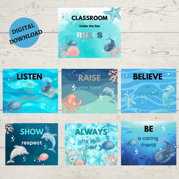 Under the Sea Classroom Rules, Classroom Decor, Sea Animals, Digital Download, Ocean Theme, Classroom Decor, Classroom Posters