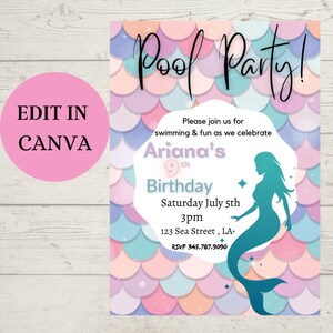 Editable Mermaid Invitation, Pool Party Invitation, Mermaid Birthday, Mermaid Theme, Mermaid Party, Under the sea, Girl Birthday, Canva