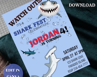 Shark Invitation, Shark Birthday Invite, Shark Party , Birthday Invitations, Boy Birthday Party, Digital Invitation