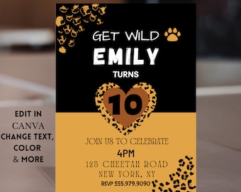 Editable Cheetah Birthday Invitation, Cheetah Birthday Party, Cheetah Leopard Party, Cheetah Print, Birthday Invitation, Digital Download