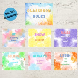 Editable Watercolor Classroom Rules Posters | Calm Classroom Decor | Back to School Teacher Printable | Instant Download