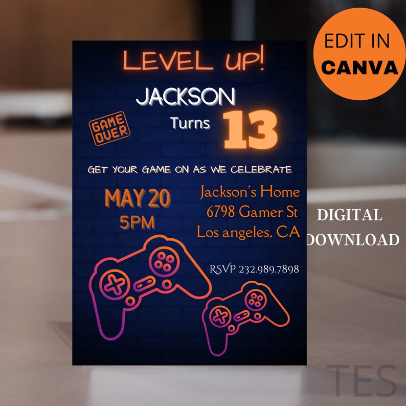 Gamer Invitation, Video Game Invitation, Level up Game, Birthday Party