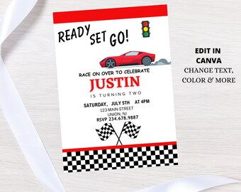 May include: A red and white race car birthday party invitation with a red sports car, checkered flag, and a traffic light. The text reads "Ready Set Go!" and "Race on over to celebrate Justin is turning two. Saturday, July 5th at 4pm. 123 Main Street, Union, NJ. RSVP 234.678.9887. Edit in Canva. Change text, color & more."