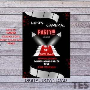 Editable Red Carpet Invitation, Hollywood Birthday Party, Red Carpet Birthday Theme, Birthday Invitation, Hollywood Theme Party, Invites