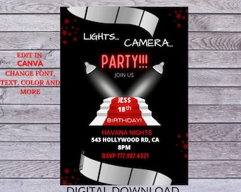 Editable Red Carpet Invitation, Hollywood Birthday Party, Red Carpet Birthday Theme, Birthday Invitation, Hollywood Theme Party, Invites