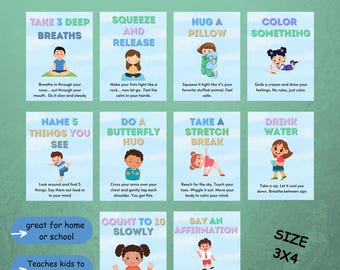 Beruhigende Karten für Kinder | 10 Achtsamkeits-Übungskarten für Entspannung, Atmung und Bewältigungsfähigkeiten | Calm Down Corner Drucksachen