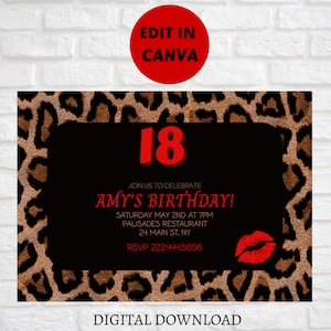 Editable Leopard Print Invitation, 18th Birthday Party, Cheetah Print Invitation, Leopard Birthday Party, Cheetah Theme, Digital Download