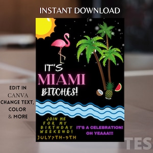 Miami Birthday Invitation, Birthday Invitation, Girls Trip,Editable Miami Invitation, Birthday Invitation Template, Miami Theme