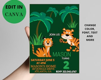 Invitación de tigre editable, invitación de cumpleaños de tigre, tema de cumpleaños de tigre, cumpleaños de animales, tema de la selva, tigre, invitación de cumpleaños de niños