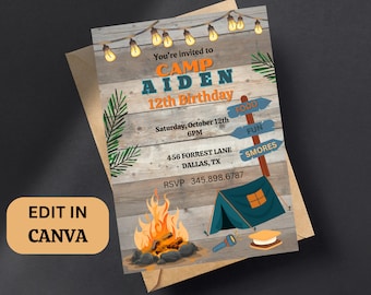 Camping Birthday Invitation, Camp Party Theme, Bonfire Party, Camping Party Invitation, Editable Invitation Template, Back Yard Camping