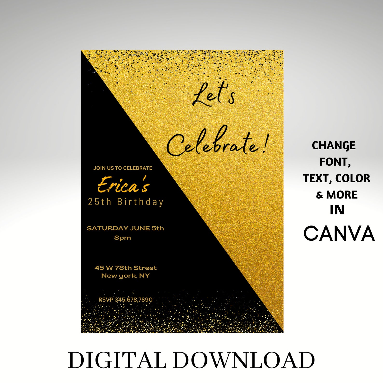 Editable Gold & Black Birthday Invitation, Gold and Black Theme ...