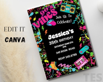 90's Party Invitations, 90s Themed Party, 1990s Birthday Celebration, 90s Printable Invitations, Digital Prints, Neon Party, Birthday Invite
