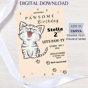 Cat Birthday Invitation, Pawsome Birthday, Kitten Party, Let's Pawty Kitty Cat Party, Digital Download, Editable