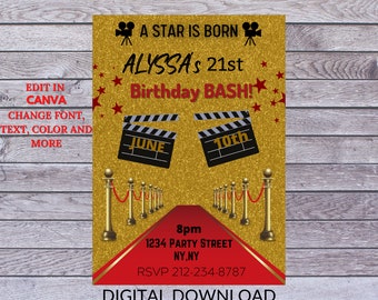 May include: A gold glitter background with a red and black clapperboard with the text "JUNE" and "10th". The text "A STAR IS BORN" and "ALYSSA'S 21st Birthday BASH!" is in red. The text "8pm 1234 PARTY STREET NY,NY RSVP 212-234-8787 DIGITAL DOWNLOAD" is in black.
