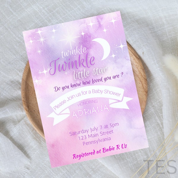 Twinkle Twinkle Little Star Baby Shower Invitation, Instant Download, Editable Template, Purple Invite, Gender Reveal