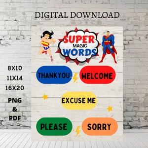 Decoración del aula, Arte de la pared, Carteles del aula, Tablón de anuncios, Cartel de superhéroe, Palabras súper mágicas, Descarga digital, Tema de superhéroe