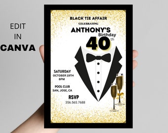 Black Tie Affair Invitation, All Black Tie Event, Tuxedo Birthday Party, Elegant Invitation, Editable Birthday Invitation, Digital Download
