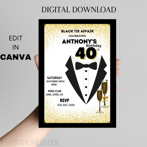 Black Tie Affair Invitation, All Black Tie Event, Tuxedo Birthday Party, Elegant Invitation, Editable Birthday Invitation, Digital Download