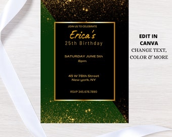 Birthday Invitation Editable Birthday invitation Black and Gold Digital Template Birthday Invite 25th Birthday Invitation Gold and Green