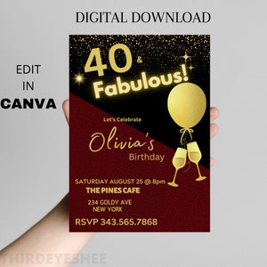 Editable Birthday Invitation, 40th Birthday, Gold and Burgundy, Elegant Invites, Digital Download, Gold Theme