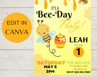 Invitación de cumpleaños de abeja, cumpleaños de abejorro, invitación del día de la abeja, primer cumpleaños de abeja, fiesta del día de la abeja, día de la abeja de miel, día de la abeja