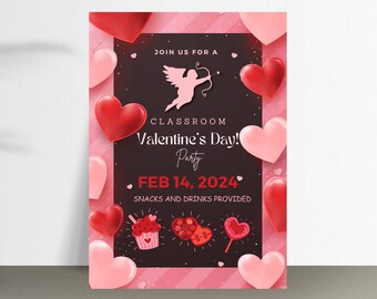 Uitnodiging klasfeestje, uitnodiging valentijnsfeestje, klas valentijnskaarten, Happy Valentines Day, digitale download, Valentijnsflyer