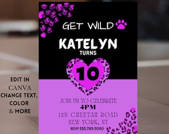 Editable Cheetah Birthday Invitation, Cheetah Party, Cheetah Birthday, Cheetah Print Birthday, Cheetah Print Invites, Leopard Cheetah print