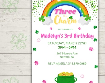 Three is a Charm Birthday Invitation, St. Patrick's Day, Third Birthday Party, Four Leaf Clover Birthday, Editable Template