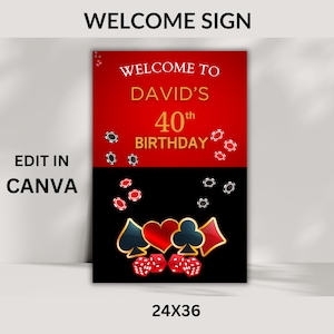 Kasino-Geburtstag-Willkommensschild, Kasino-Themenparty, Poker-Nacht, Poker-Geburtstagsfeier, Vegas-Geburtstagsfeier, Erwachsenenparty, 40.Geburtstagsfeier