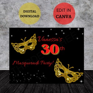 Masquerade Party, Masquerade Backdrop, Masquerade Birthday Party, Masked Ball Template, Halloween Party Invite, Red Gold Masked Ball