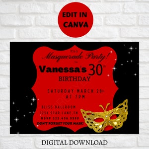 Masquerade Invitation, Mask Party, Masquerade Party Invitations, Editable Invite, Birthday Party, Red and Black Party, Birthday Invitation