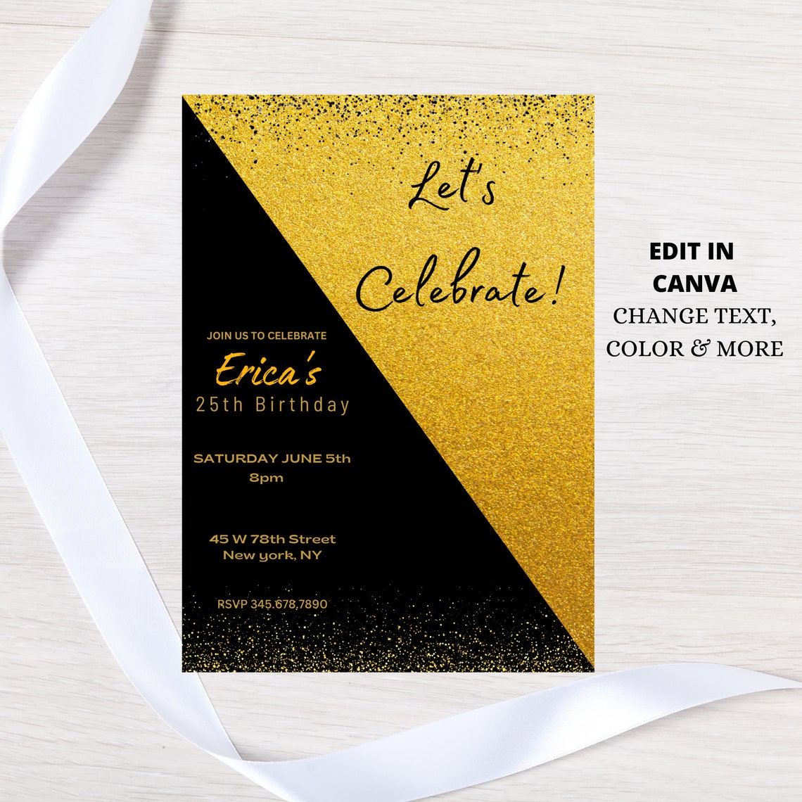 Editable Gold & Black Birthday Invitation, Gold and Black Theme