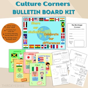 Puede incluir: Un kit de tablón de anuncios "Culture Corners" con un póster, tarjetas de datos, hojas para colorear y una hoja de trabajo de rincón de patrimonio. El póster presenta banderas y el texto "Comparte nuestras similitudes, Celebra nuestras diferencias".