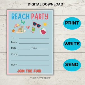 Faire-part de plage à imprimer, invitation vierge à une fête d'enfants, modèle de carte d'anniversaire à remplir, faire-part d'anniversaire