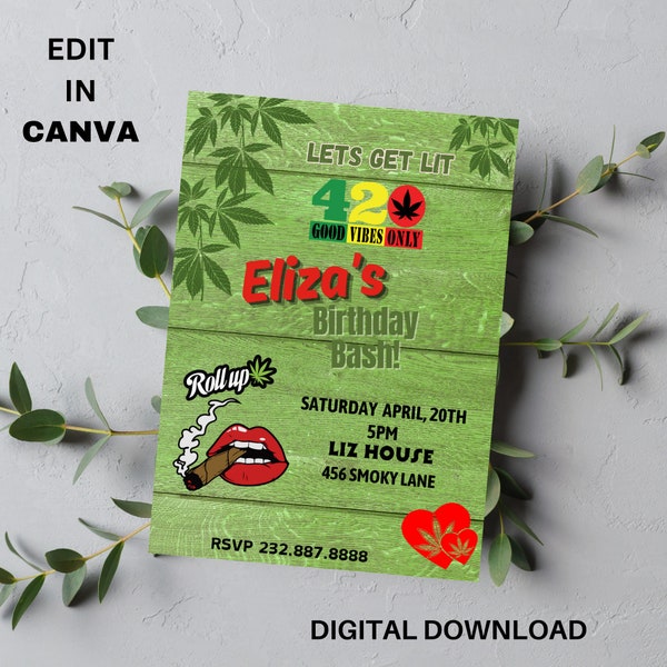 Birthday Invitation, 420 Invite, Cannabis Birthday Party, Weed Party Invitation, Marijuana Birthday Party, Weed Invitation Template