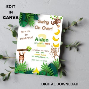 May include: A green and brown jungle-themed birthday invitation for a boy turning two. The invitation features a monkey swinging from a vine, bananas, and the text "Swing On Over!" and "Aiden is turning two".