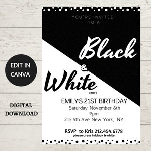 Black and White Invitations, 21st Birthday Party, Instant Download. Birthday Invitation, Black and White Theme, Canva Template