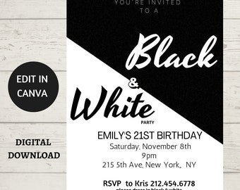 May include: Black and white party invitation with a black and white polka dot background. The invitation says "You're invited to a Black & White Party" and includes the details for Emily's 21st birthday party.